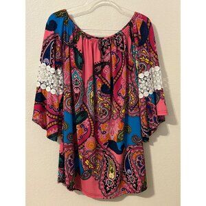 Win Win Women’s Paisley Print Tunic w/ Lace Bell Pinwheel Sleeves L-XL Pink Blue